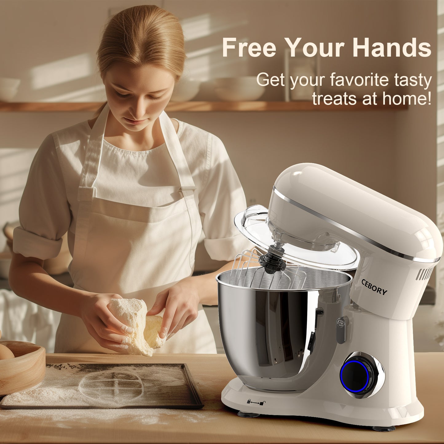 3-IN-1 660W Stand Mixer, 10-Speed, 6.5QT Bowl, Almond Cream