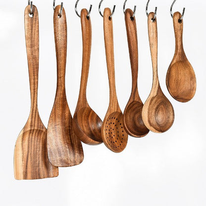 Teak Wood Tableware Set: Spoon, Ladle, Turner, Colander, Skimmer