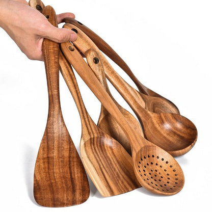 Teak Wood Tableware Set: Spoon, Ladle, Turner, Colander, Skimmer