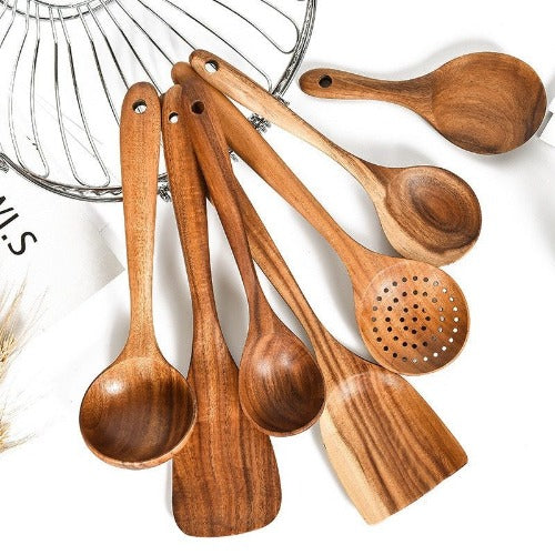 Teak Wood Tableware Set: Spoon, Ladle, Turner, Colander, Skimmer