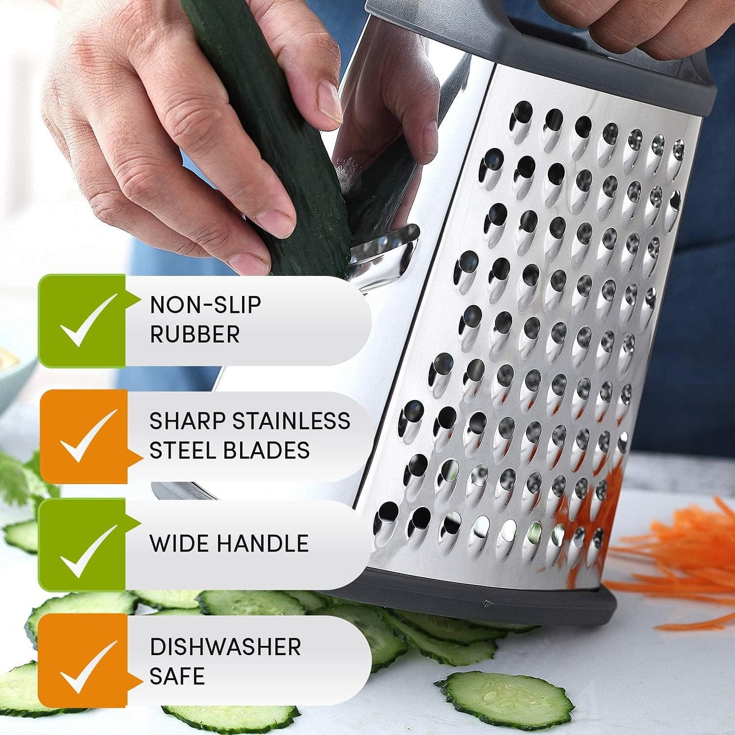 9in Stainless Steel Cheese Grater - Perfect for Parmesan, Vegetables, Ginger - 4 Sides, Dishwasher Safe - Durable