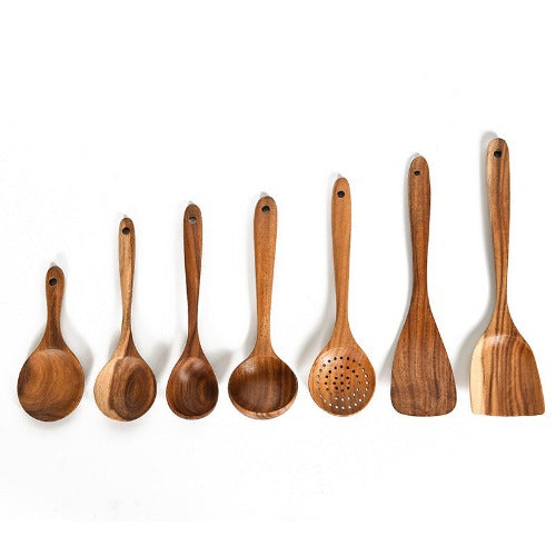 Teak Wood Tableware Set: Spoon, Ladle, Turner, Colander, Skimmer