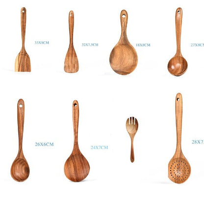 Teak Wood Tableware Set: Spoon, Ladle, Turner, Colander, Skimmer