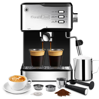 Geek Chef Espresso Machine - 20 Bar Latte Maker with Milk Frother, ESE POD Compatible - 950W, 1.5L Tank