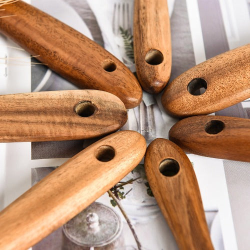 Teak Wood Tableware Set: Spoon, Ladle, Turner, Colander, Skimmer