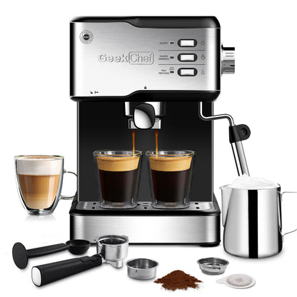 Geek Chef Espresso Machine - 20 Bar Latte Maker with Milk Frother, ESE POD Compatible - 950W, 1.5L Tank