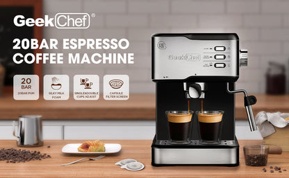 Geek Chef Espresso Machine - 20 Bar Latte Maker with Milk Frother, ESE POD Compatible - 950W, 1.5L Tank