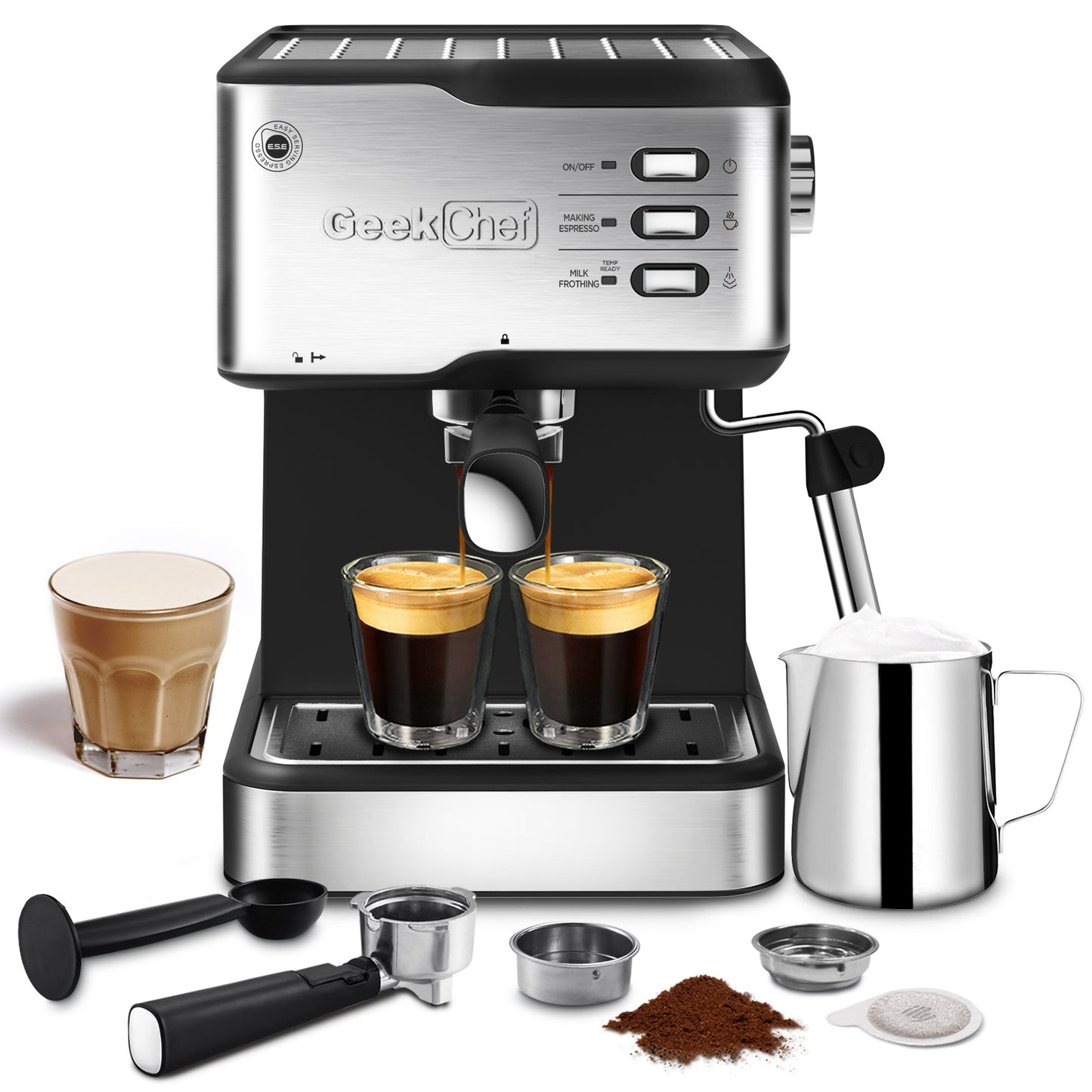 Geek Chef Espresso Machine - 20 Bar Latte Maker with Milk Frother, ESE POD Compatible - 950W, 1.5L Tank