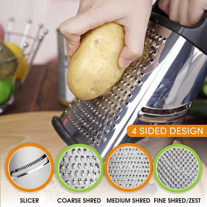 9in Stainless Steel Cheese Grater - Perfect for Parmesan, Vegetables, Ginger - 4 Sides, Dishwasher Safe - Durable